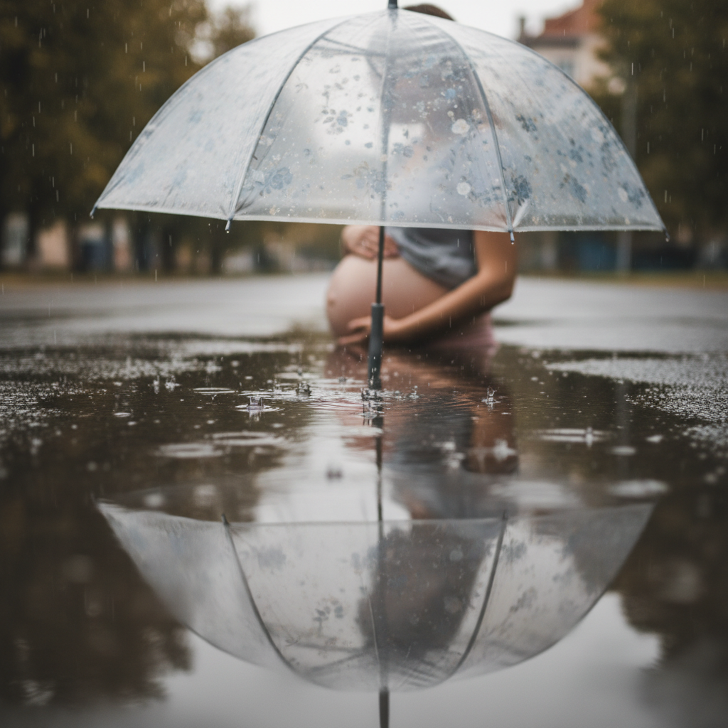 Mi reflejo con barriga bajo la lluvia