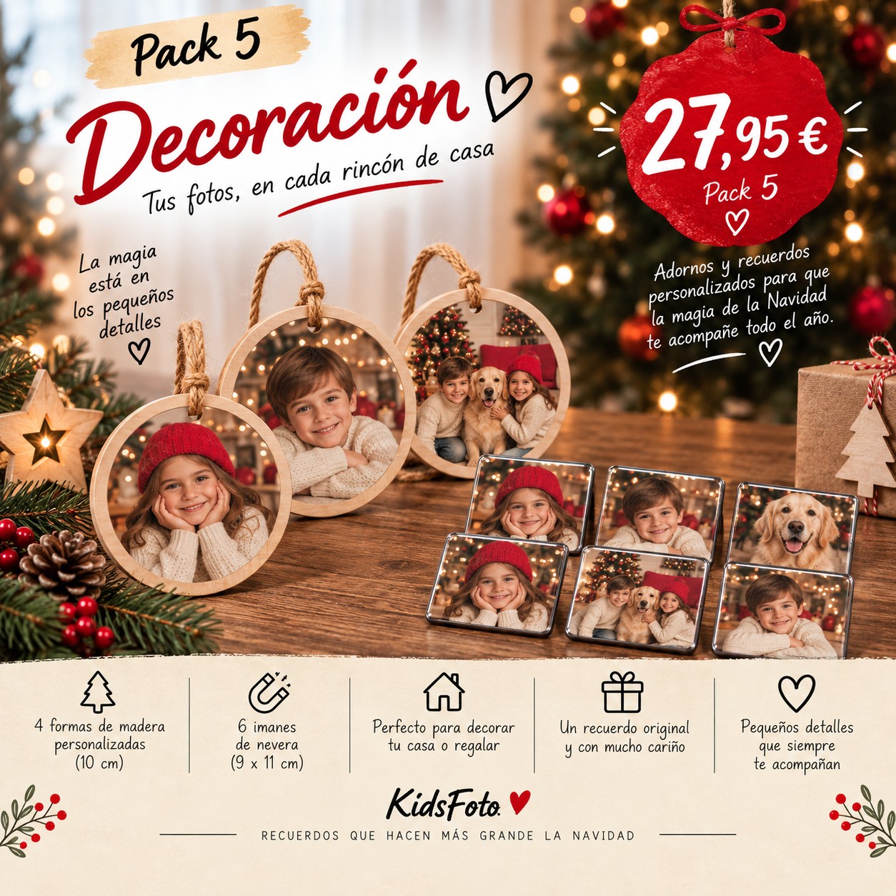 Pack 5 Navidad KidsFoto: 4 formas de madera personalizadas y 6 imanes de nevera