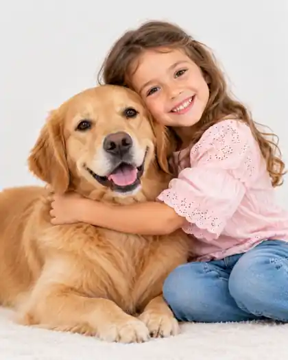 Niña abrazando a su perro durante una sesión de fotografía con mascotas en Zaragoza