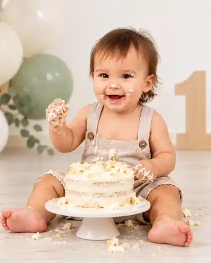 Bebé en sesión Smash Cake de primer cumpleaños en Zaragoza