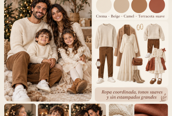 Ropa en tonos crema, beige y camel para fotos familiares de Navidad