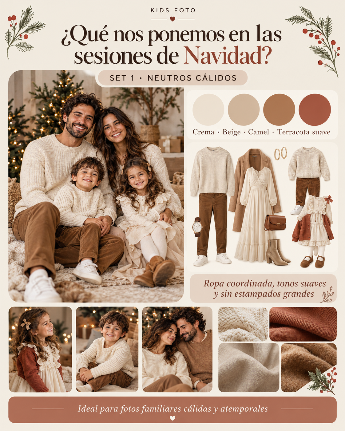 Ideas de ropa en tonos neutros cálidos para una sesión de Navidad en familia
