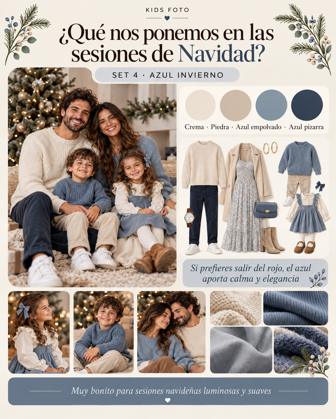 Ideas de ropa azul invierno para una sesión de Navidad en familia