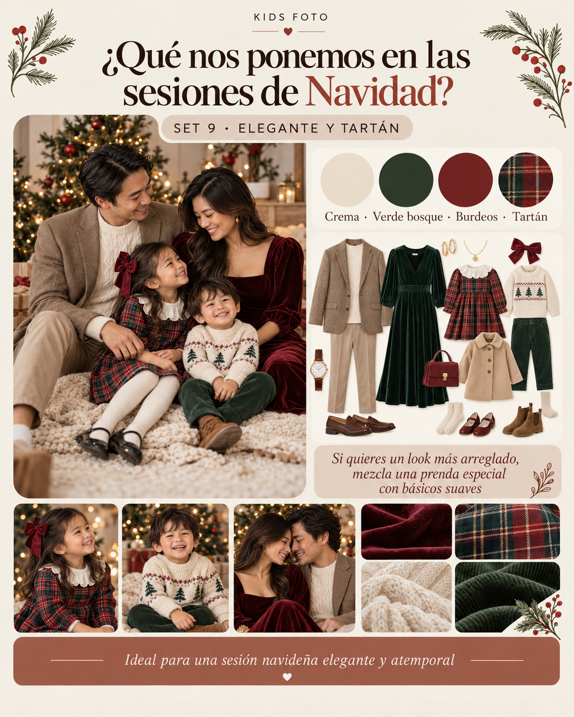 Ideas de ropa elegante con tartán para una sesión de Navidad en familia