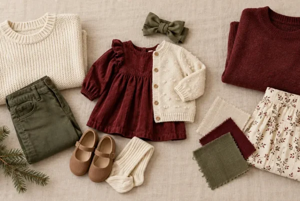 Ropa coordinada en tonos crema, verde oliva y burdeos para una sesión de Navidad