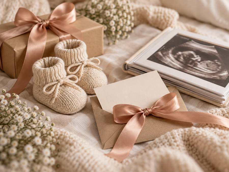 Tarjeta regalo, patucos y recuerdo del embarazo preparados como regalo