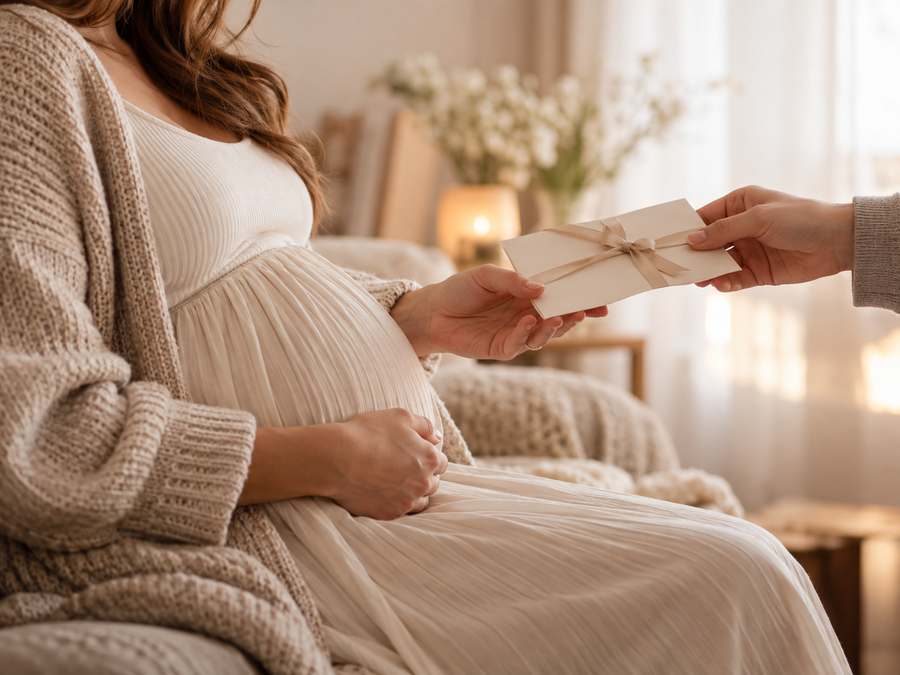 Futura mamá recibiendo una tarjeta regalo de fotografía