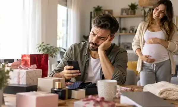 Hombre buscando qué regalar a su mujer embarazada mientras ella sonríe al fondo